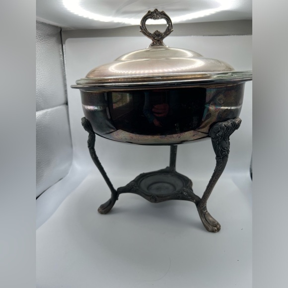 Vintage Silver Plate Serving Tray With Anchor Hocking 10 in across Dish. - Picture 1 of 13